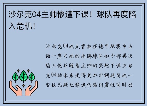 沙尔克04主帅惨遭下课！球队再度陷入危机！