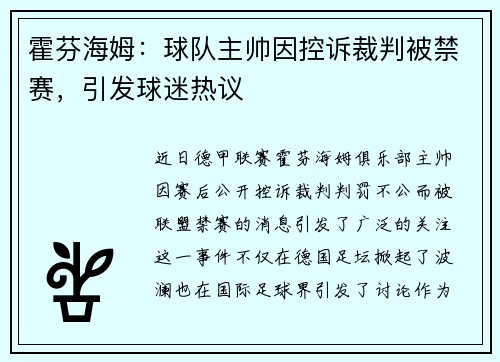 霍芬海姆：球队主帅因控诉裁判被禁赛，引发球迷热议